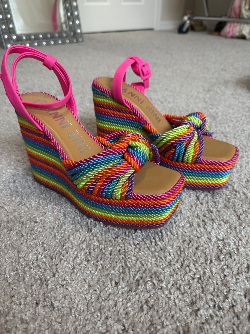 Gianni Bini Rainbow Rope Platform Wedges with Hot Pink Straps